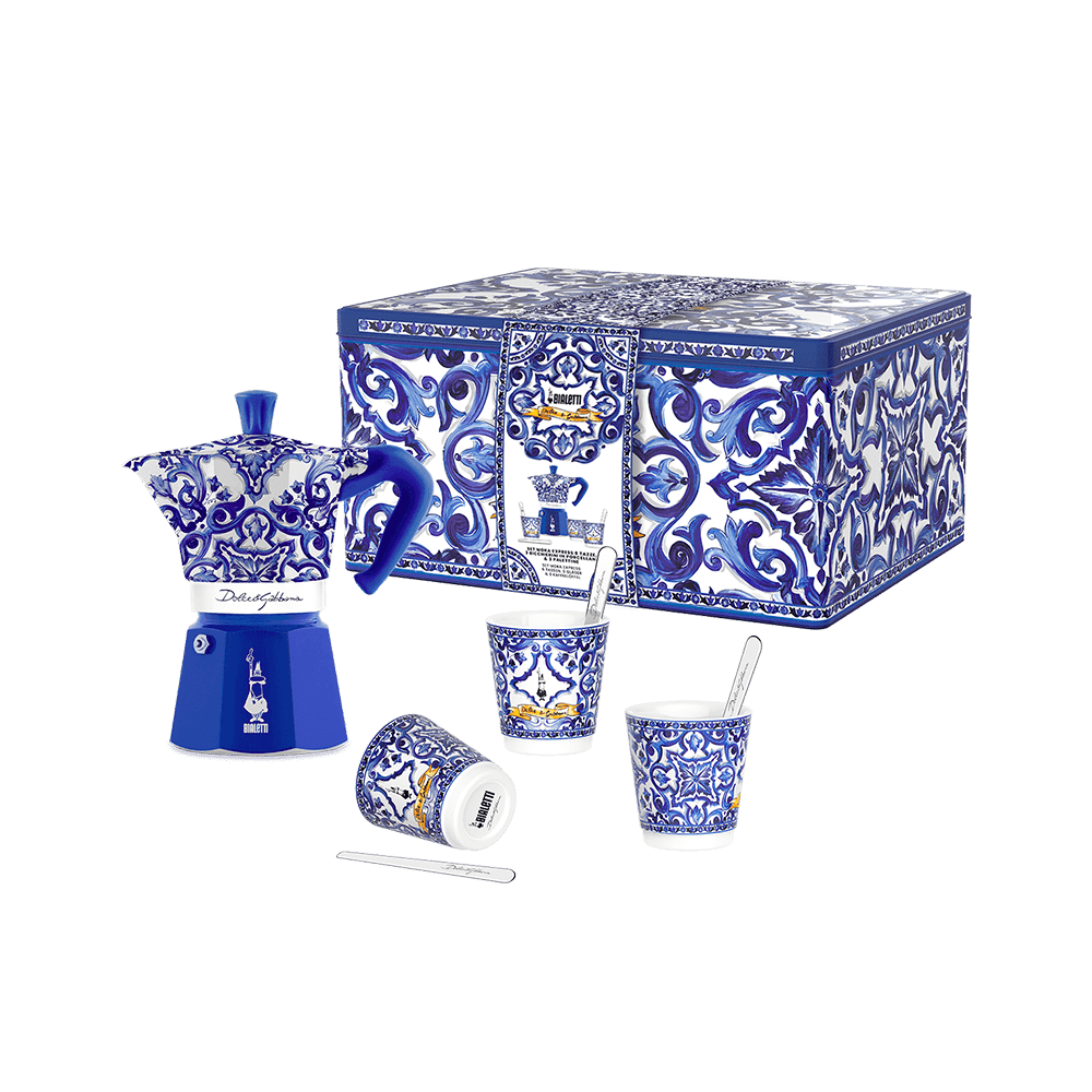 Set Moka Express Blu Mediterraneo 6 tz, 3 bicchierini di porcellana e 3 palettine argentate