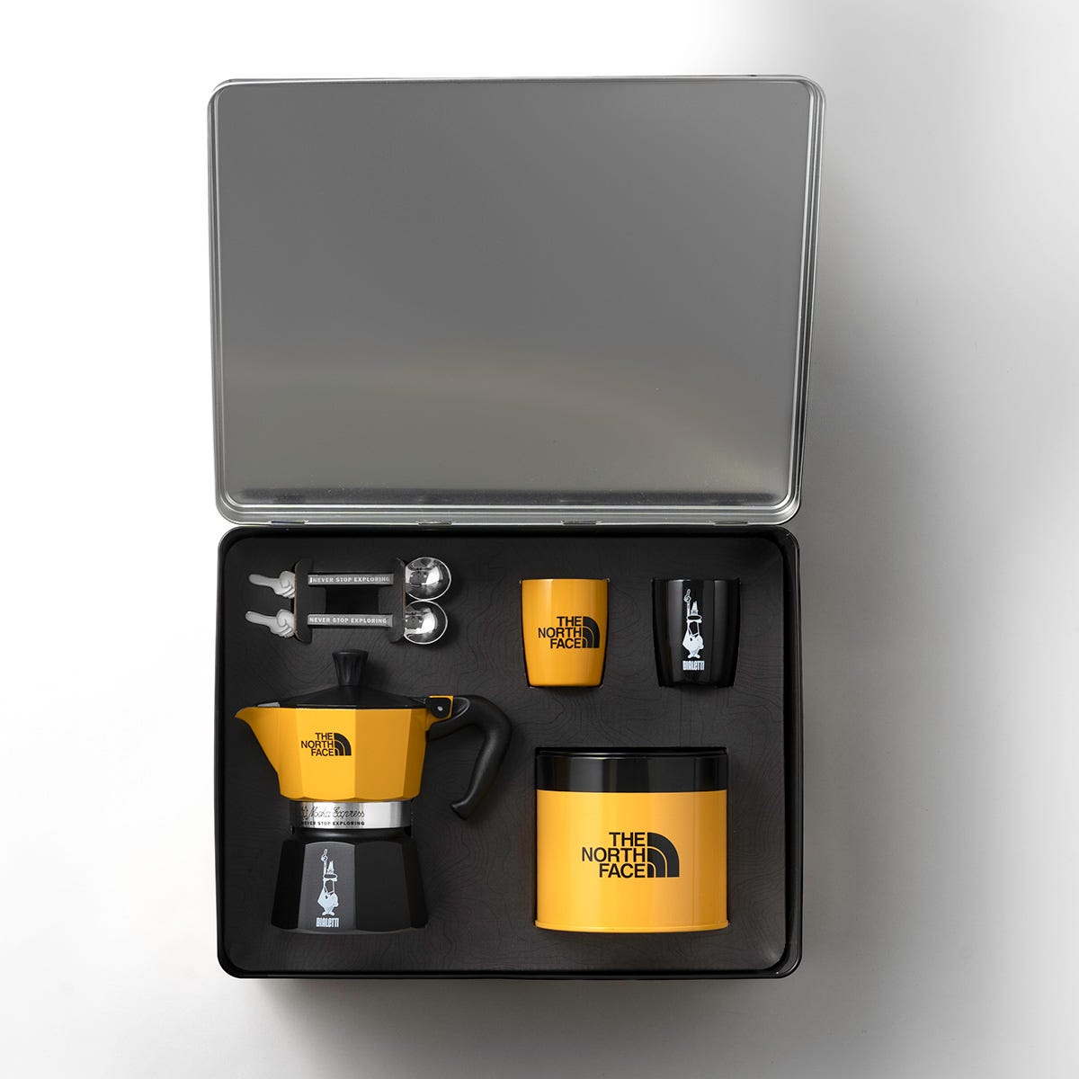 Set Moka Express The North Face 3 tz 2 bicchierini 2 cucchiaini e caffè Perfetto Moka 100 gr in latta