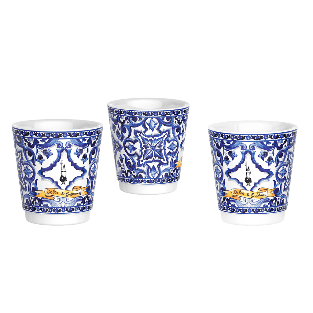 Set Moka Express Blu Mediterraneo 6 tz, 3 bicchierini di porcellana e 3 palettine argentate