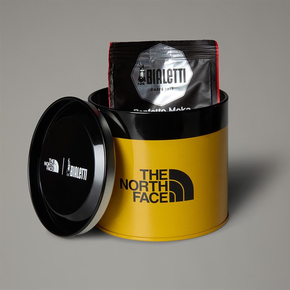Set Moka Express The North Face 3 tz 2 bicchierini 2 cucchiaini e caffè Perfetto Moka 100 gr in latta